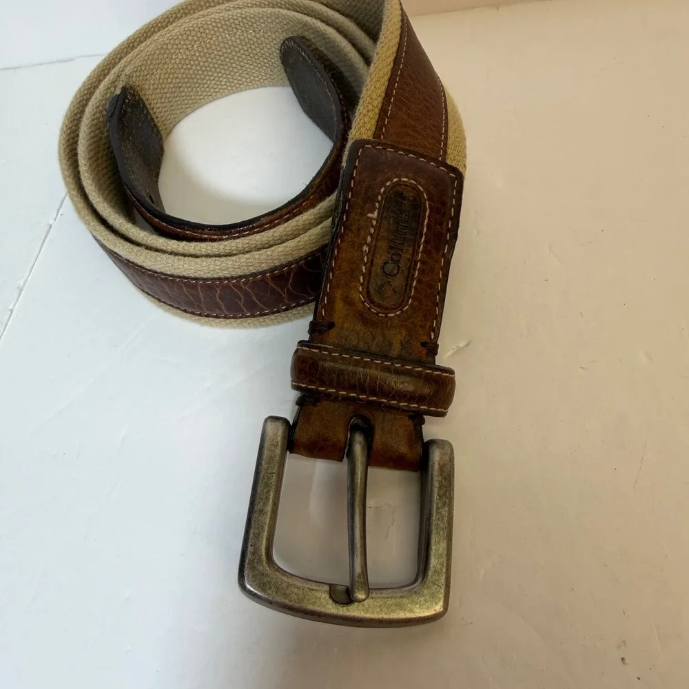 Columbia Mens Cotton Webbing Genuine Leather Trim Belt Brown Tan 46 11CO0331